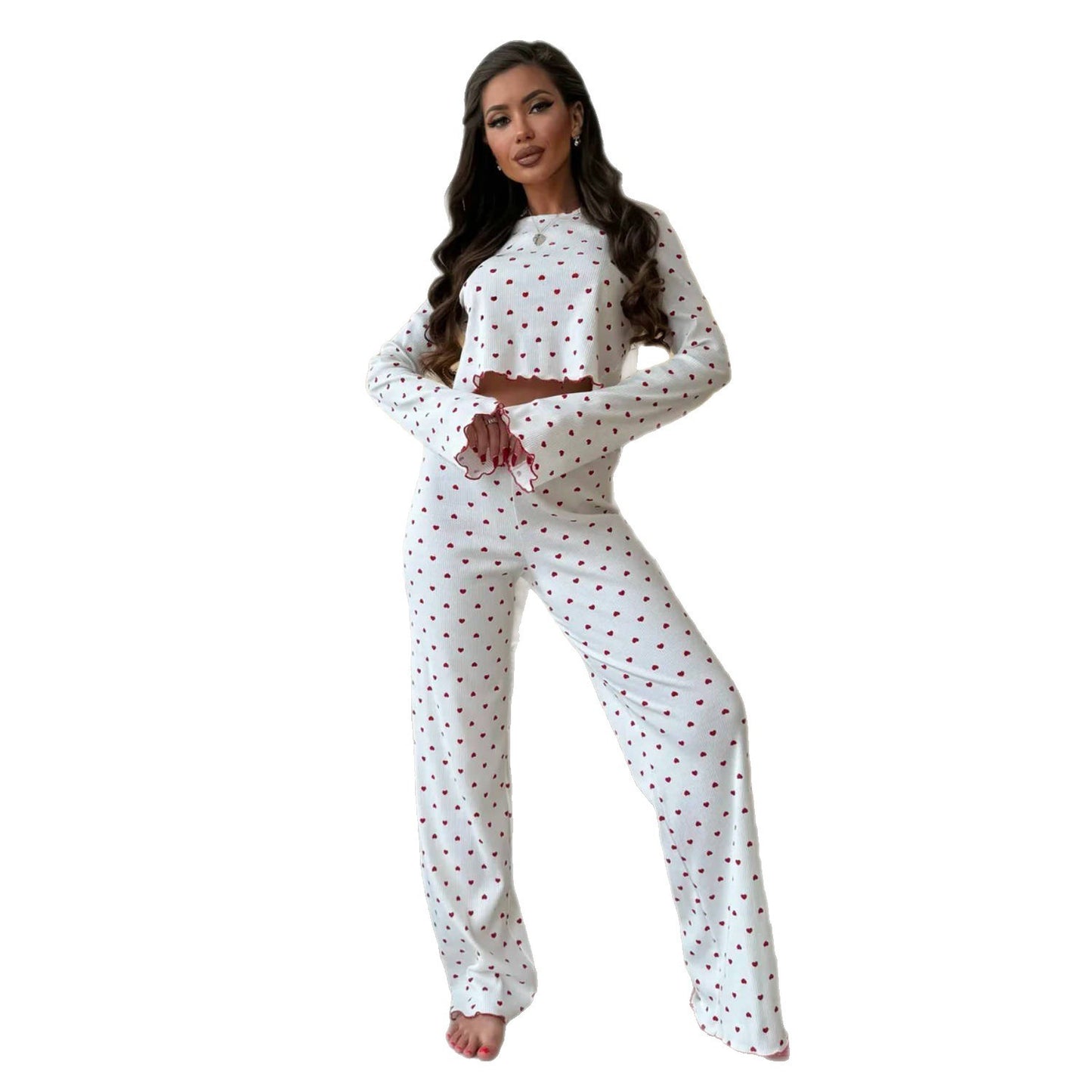 Lace Trim Women Pajama Set Short Sleeve Front Button Top & Full-Length Pants Cherry Print 2 Pieces Sleepwear Nightwear Homewear