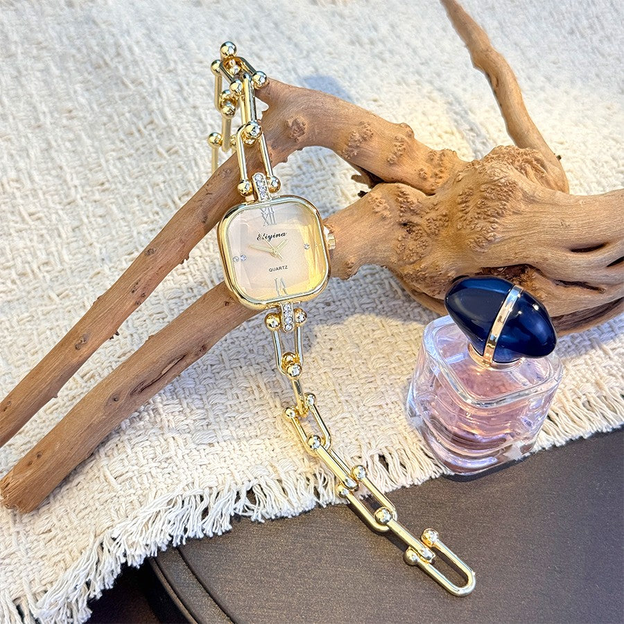 Luxury Minimalist Bracelet Watch Creative Square Multi-Faceted Glass Quartz Movement Chain Mid-century Small  High-End Acces