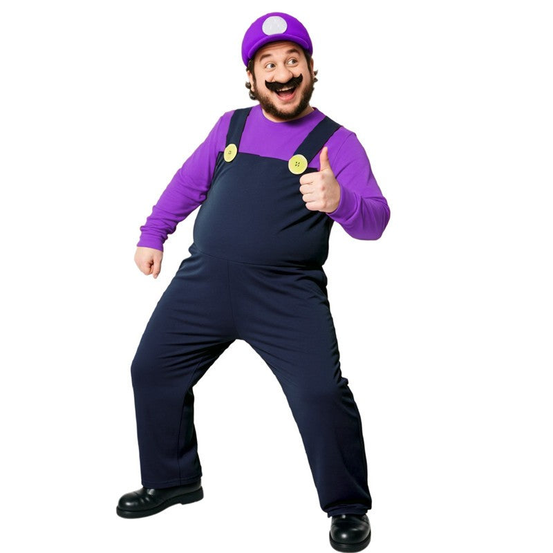 Men's Plumber Costume (Includes Hat, Gloves, Fake Beard) Halloween Cartoon Game Funny Outfit Red, Green, Yellow, Purple