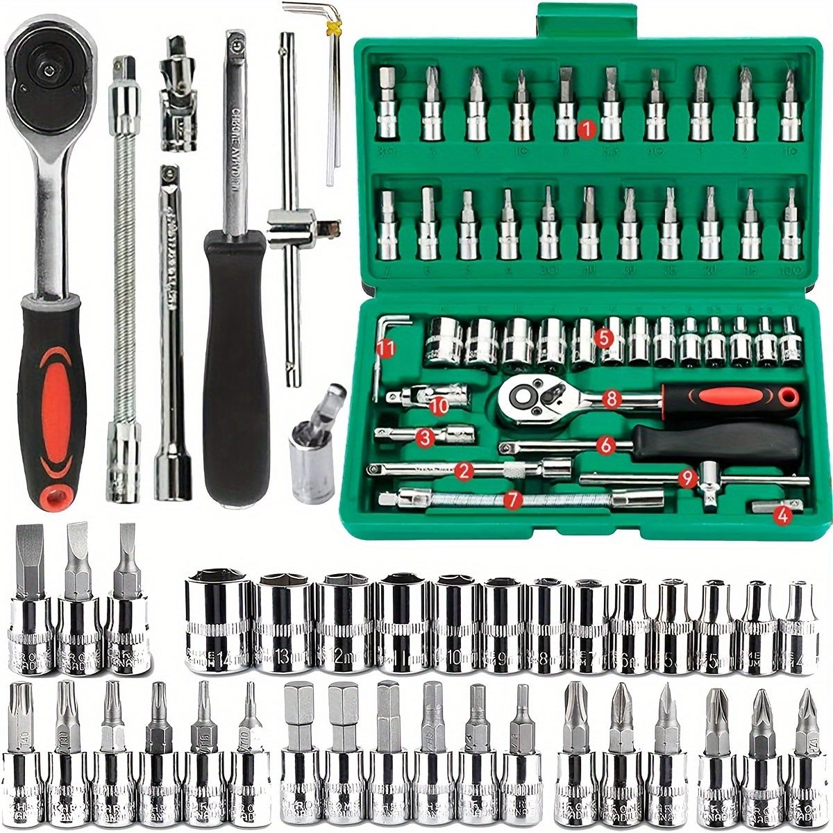 Kit de reparo automotivo avançado, caixa de ferramentas verde, conjunto de catracas profissional de 46 peças, conjunto de ferramentas profissionais, itens essenciais para manutenção de carros