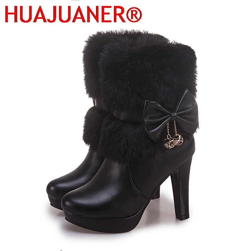 2025 New Fashion Womens Winter High Heel Boots Pink White Black Fur Tassel Bowtie Lovely Lolita Ladies Party Wedding Shoes