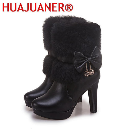2025 New Fashion Womens Winter High Heel Boots Pink White Black Fur Tassel Bowtie Lovely Lolita Ladies Party Wedding Shoes