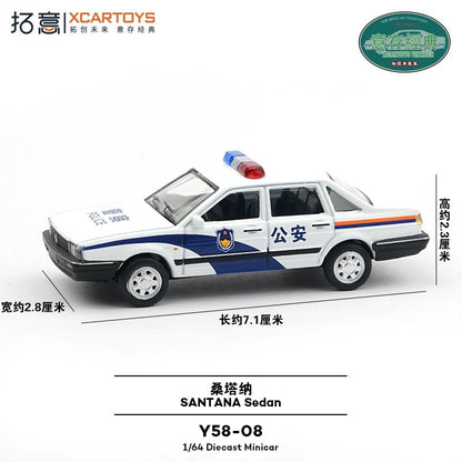XCARTOYS 1/64 Y58-08 Santana Sedan, Carro de Polícia, Modelo em Miniatura, Modelo de Carro em Liga, Carro de Brinquedo, Segurança Pública
