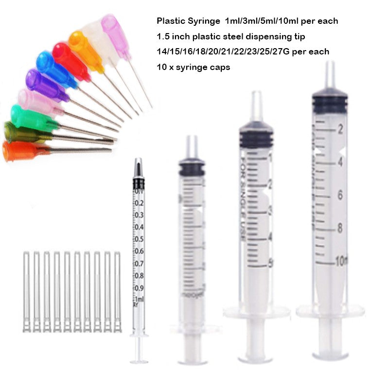Seringa Luer de 1/3/5/10ML com Agulha de Ponta Romba de 14-25Ga 1,5" e Conjunto de Tampa de Agulhas de Distribuição de Aço Inoxidável para Mistura de Líquidos