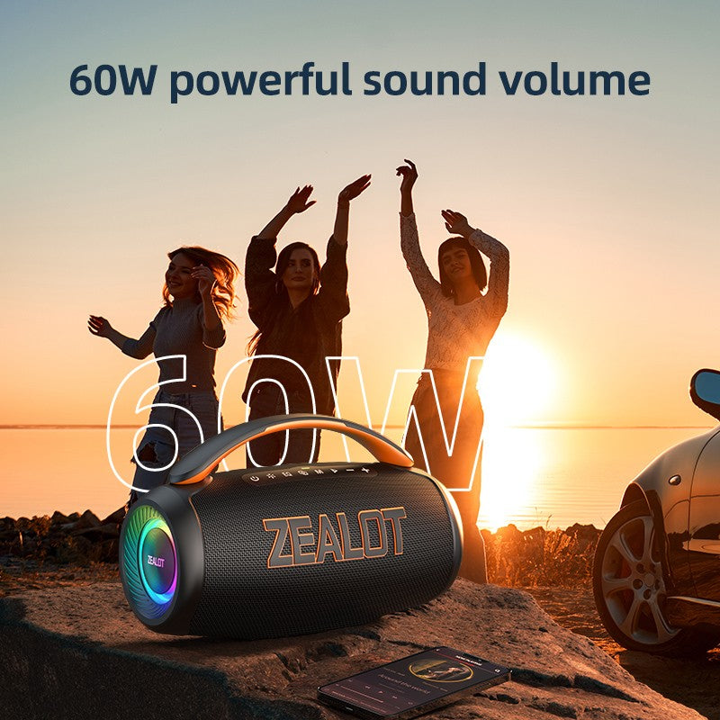 Caixa de Som Portátil Bluetooth Zealot P12 60W com IPX6 à Prova d'Água, Alça Confortável, Iluminação Controlável, TWS, AUX