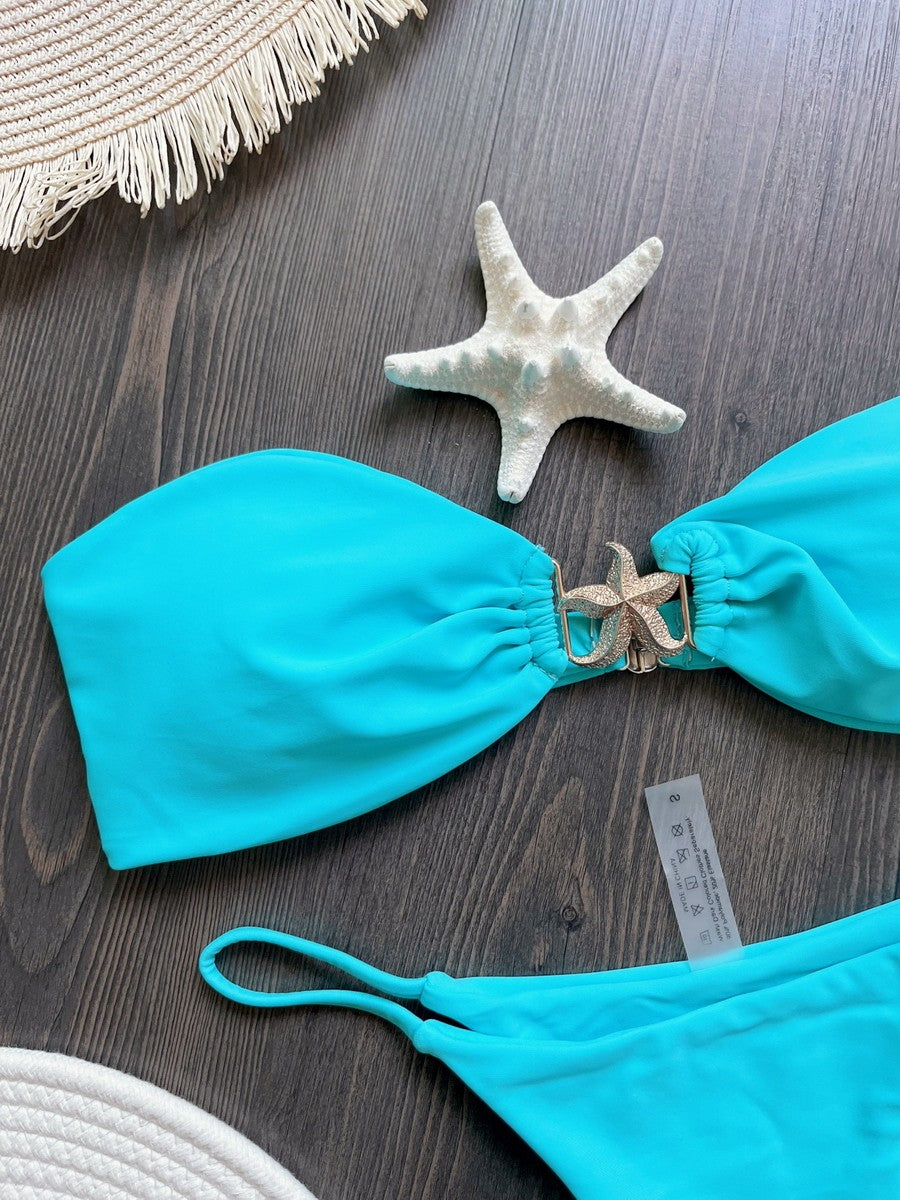Para Praia 2025 Sexy Push Up Bikini Women Swimwear Metal Starfish Bandeau Thong Bikini Brazilian Swimsuit Female Bathing Suit