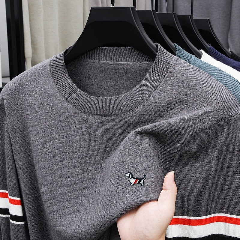 Hot Selling Original Quality Men's Knitted Sweater Striped Sleeves Cartoon Print O-Neck Pullover Autumn Winter Casual Menswear