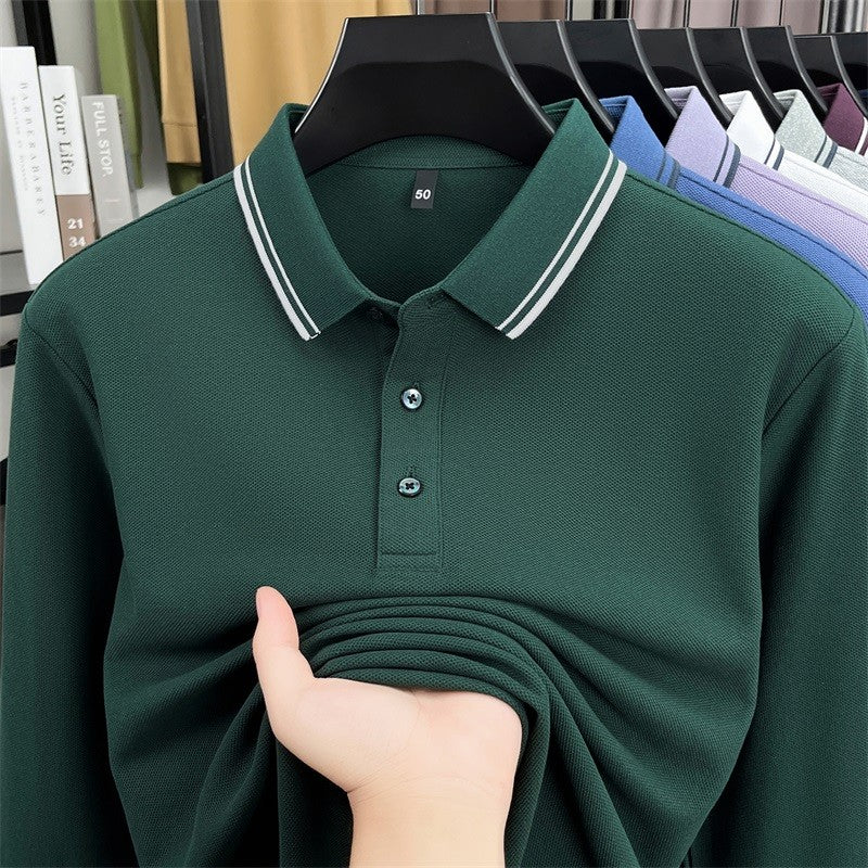 100% pure cotton high-quality long sleeve polo shirt men's autumn new style comfort casual luxury double striped lapel T-shirt