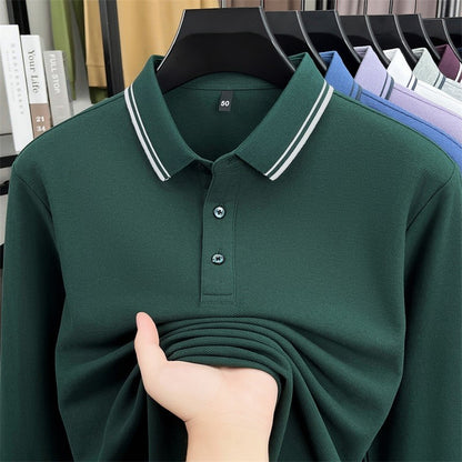 100% pure cotton high-quality long sleeve polo shirt men's autumn new style comfort casual luxury double striped lapel T-shirt