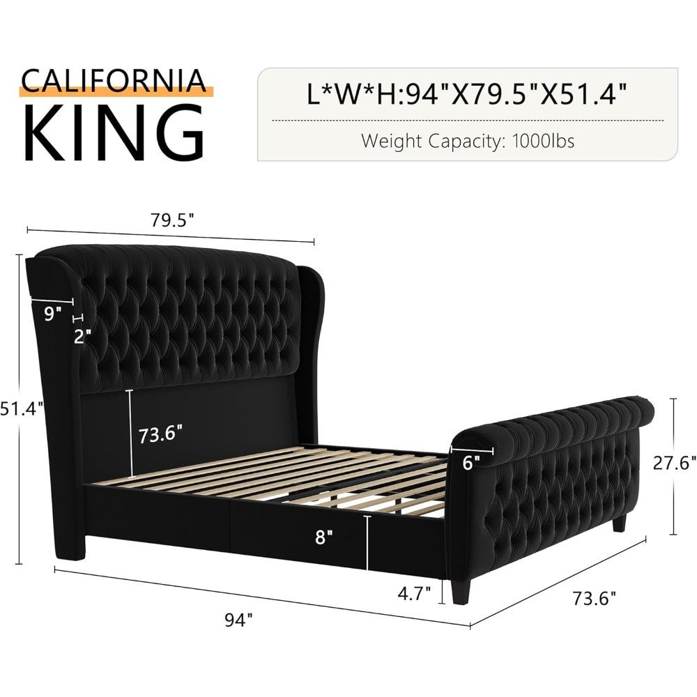 California King Velvet Sleigh Bed Frame with Curved Headboard, Footboard, and Deep Button Tufting