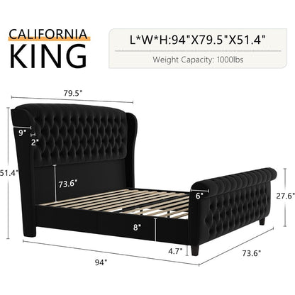California King Velvet Sleigh Bed Frame with Curved Headboard, Footboard, and Deep Button Tufting