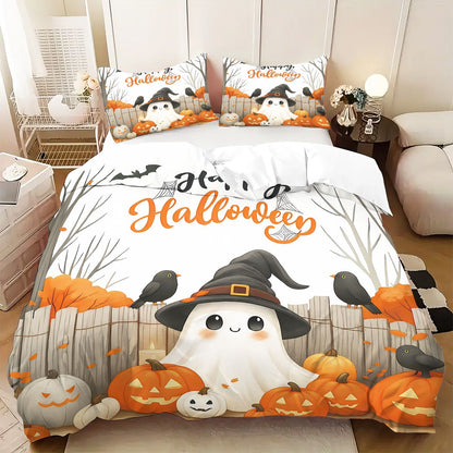3pcs Halloween Cartoon Ghost Printed Duvet Covers, 1 Down Duvet Cover+2 Pillowcases, Coreless. Soft and Comfortable Bedding Set