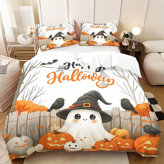 3pcs Halloween Cartoon Ghost Printed Duvet Covers, 1 Down Duvet Cover+2 Pillowcases, Coreless. Soft and Comfortable Bedding Set