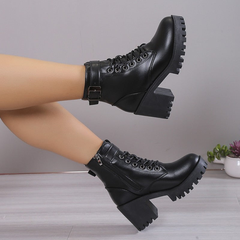 Winter New Fashion Comfortable Elegant Square with Women's Shoes Side Zipper Round Head Solid Color Simple Thick Heel Boots