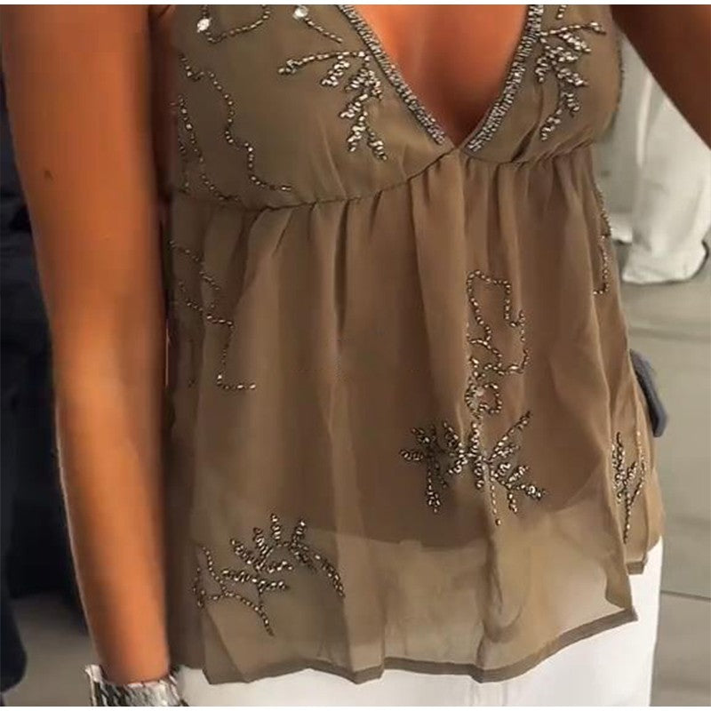Sequins Bead Snowflake Midi Dress Women Fashion Sleeveless Backless Ruffle Pleat