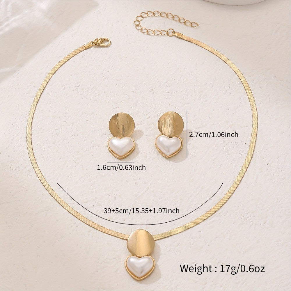 2pcs Set Minimalist Creative Gold Color Circular Heart-shaped Pendant Snake Bone Chain Necklace Earrings for Women Jewelry Sets