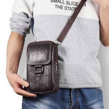 Portable Men Messenger Bags Cowhide Leather Cell Phone Belt Pack Fashion Simple Multi-pockets Casual for Outdoor Sport