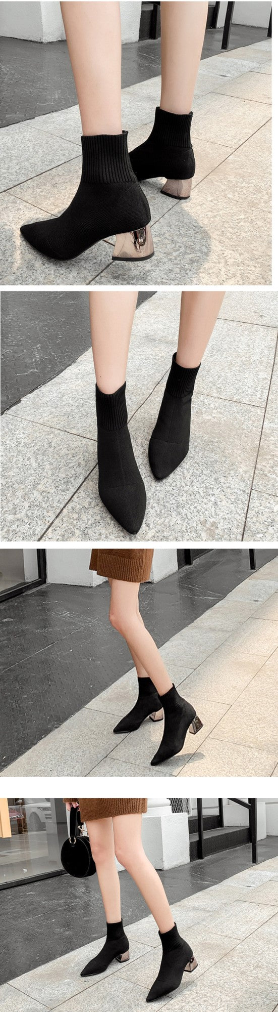 Eilyken Fashion Knitted Stretch Fabric Sewing Women Ankle Boots Square Heels Winter Pointed Toe Ladies Sock Booties