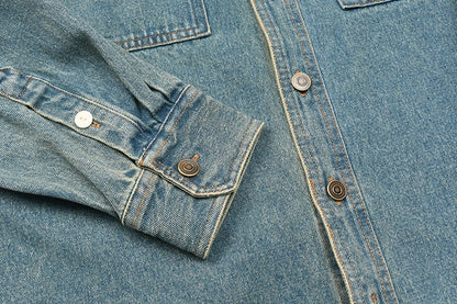 Retro Waed Denim Workwear irt Casual Everyday Basic Long Sve irt Trendy Autumn Cotton 00% Button up Pure Color