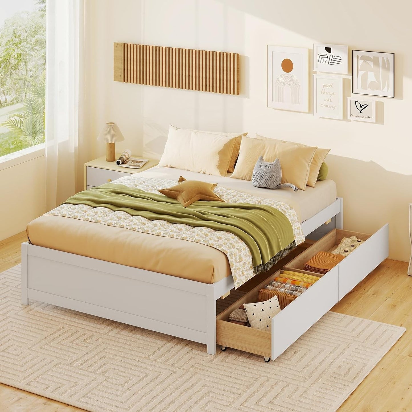 Cama de Madeira Casal com 2 Gavetas de Armazenamento com Rodas, Estrutura de Cama Plataforma de Madeira, Base para Colchão com Estrado de Madeira