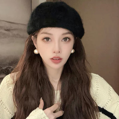 Sweet Faux Rabbit Fur Beret Hat Women Autumn Winter Thicken Keep Warm Furry Flush Artist Flat Cap Solid Color Painter Hats