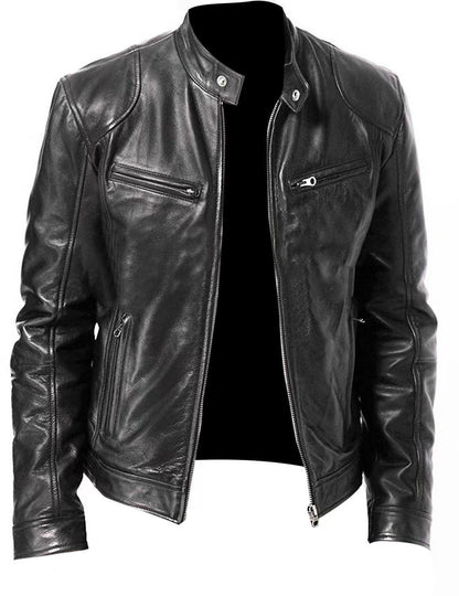 Fashionable Men's Stand Collar Slimming Leather Jacket Zipper Pocket Decorative Pu Leather Motorcycle Coat