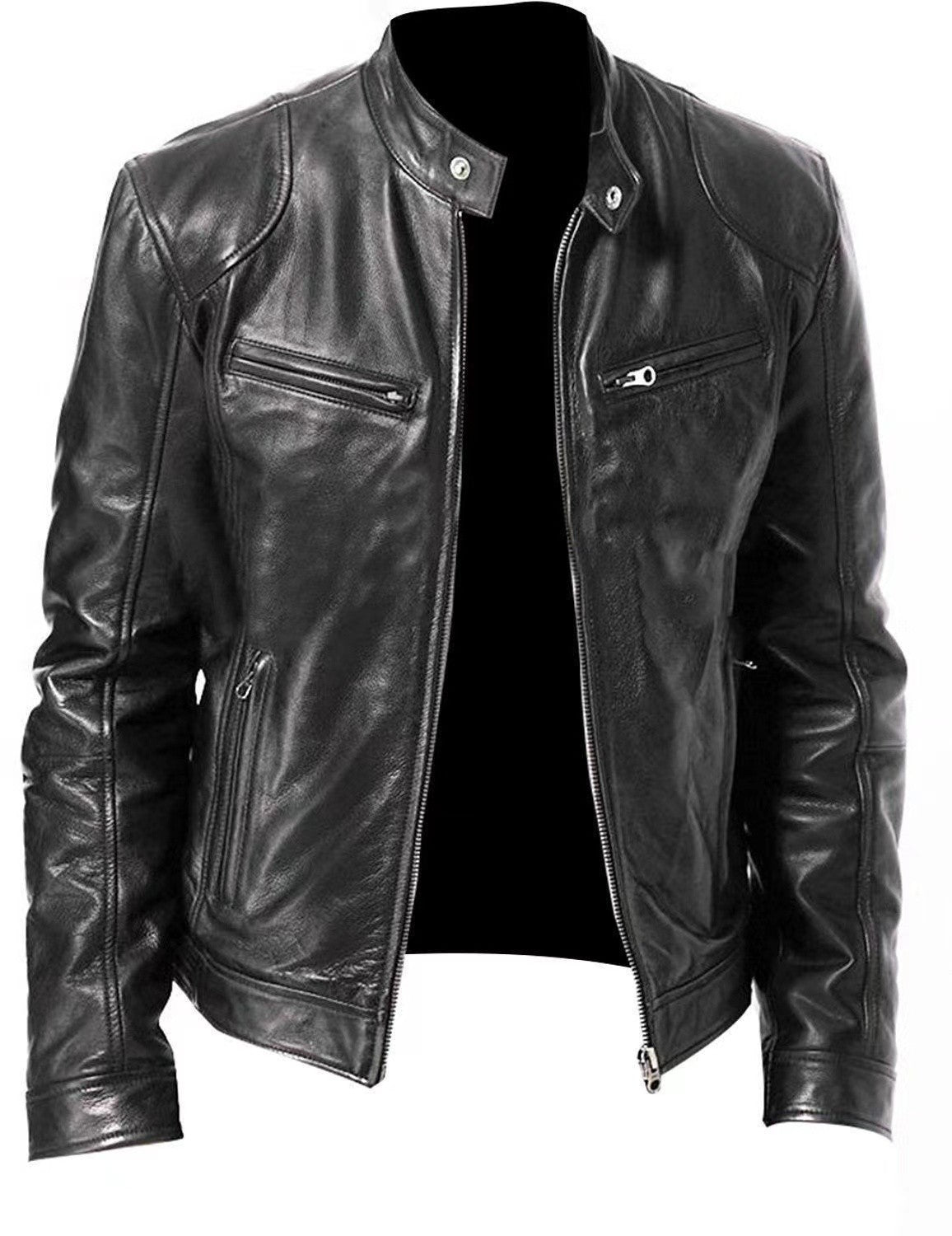 Fashionable Men's Stand Collar Slimming Leather Jacket Zipper Pocket Decorative Pu Leather Motorcycle Coat