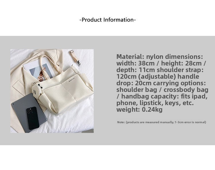 Minimalist Nylon Tote Bag, Oxford Waterproof Handbag Shoulder Crossbody Bag with Pocket, Effortless Style for Women Daily Errand