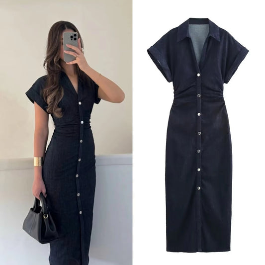 2025 traf Spring New 1975 series denim MIDI dress with lapel side zipper fashion