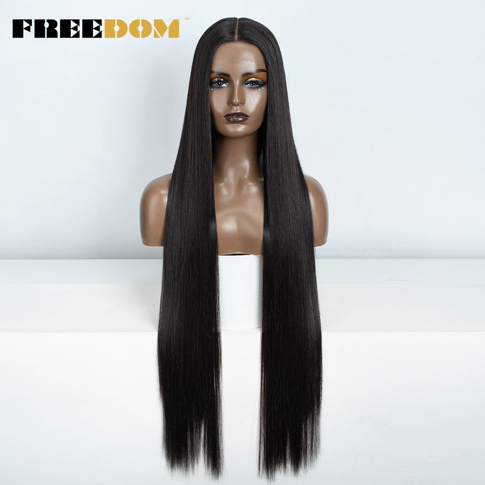 Peruca frontal de renda sintética FREEDOM para mulheres, 38 polegadas, longa, lisa, ombré, marrom, vermelho, gengibre, destaque, perucas frontais de renda, peruca de cosplay