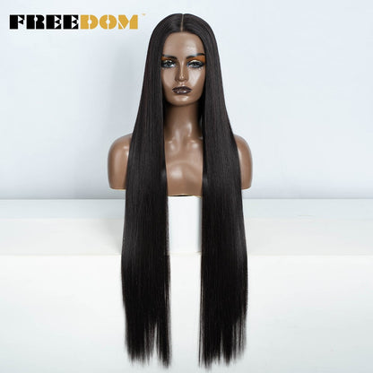 Peruca frontal de renda sintética FREEDOM para mulheres, 38 polegadas, longa, lisa, ombré, marrom, vermelho, gengibre, destaque, perucas frontais de renda, peruca de cosplay