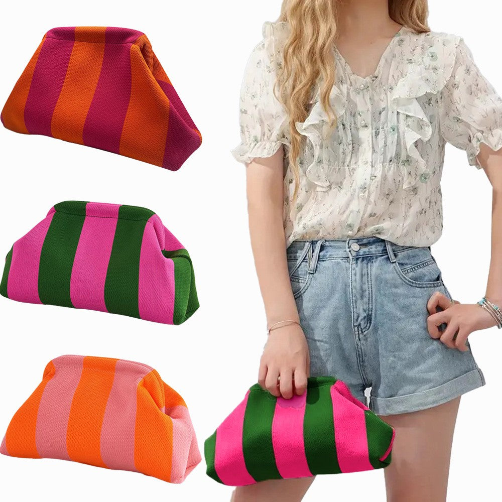Summer Beach Clutch Bag for Women Woven Crochet Handbags Purses Knitting Dumpling Clutch Ruched Cute Cloud Casual Colorblock Bag