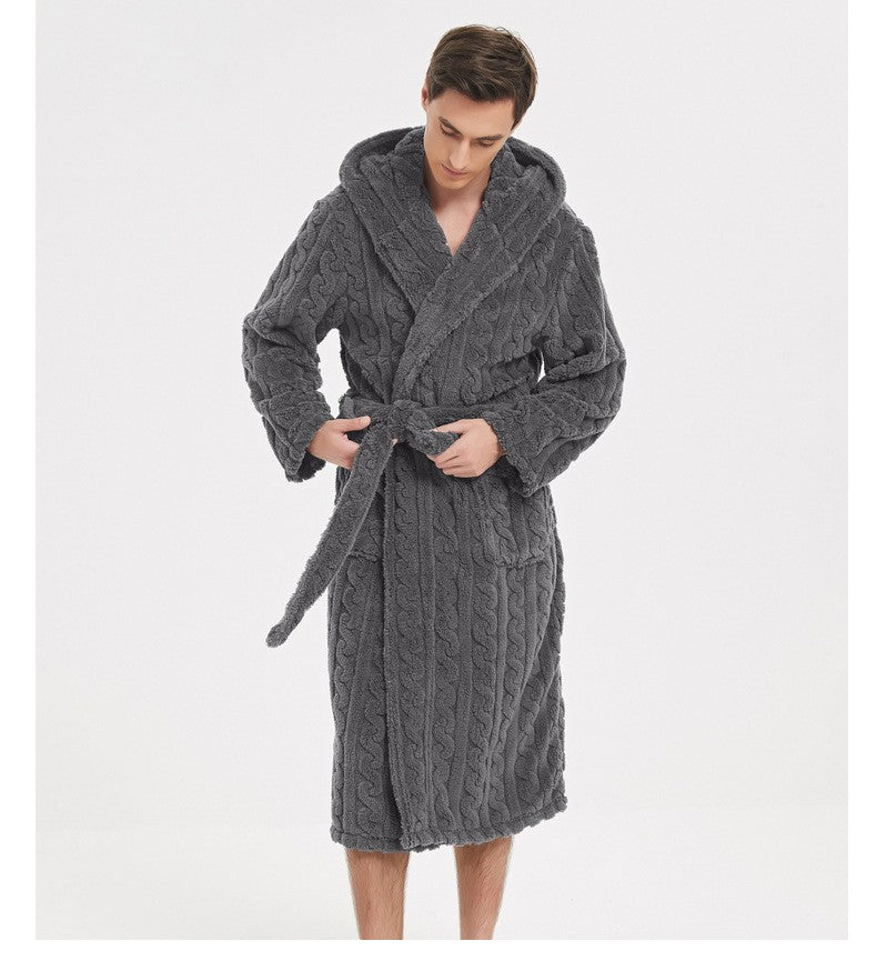 New American Cotton Velvet Jacquard Hooded Men's Dressing Gown with Fleece Thickened Autumn and Winter Couple Dressing Gown