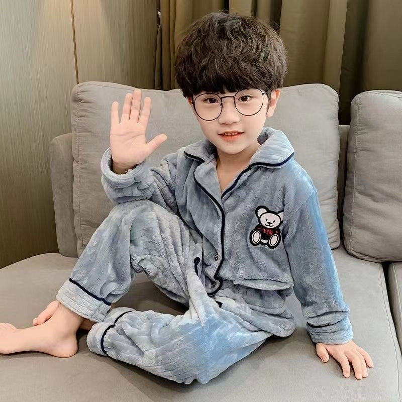 Boys Autumn Winter Thickened Flannel Coral Fleece Pajama Set Warm Kids Sleepwear Homewear