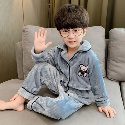 Boys Autumn Winter Thickened Flannel Coral Fleece Pajama Set Warm Kids Sleepwear Homewear
