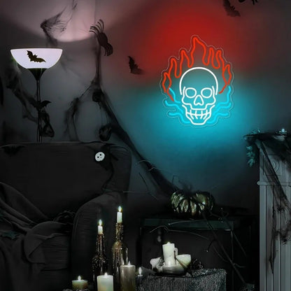 Paredes de Neon Chama de Crânio Decoradas com LEDs de Halloween Reguláveis, Alimentadas por USB, Decorações de Festa de Halloween para Caverna Masculina, Bar, Clube, Sala de Jogos