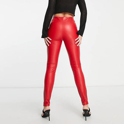 Casual England Style PU Faux Leather Leggings Women Elastic Mid Waist Leather Pencil Pants PU Trousers Fashion Slim Custom