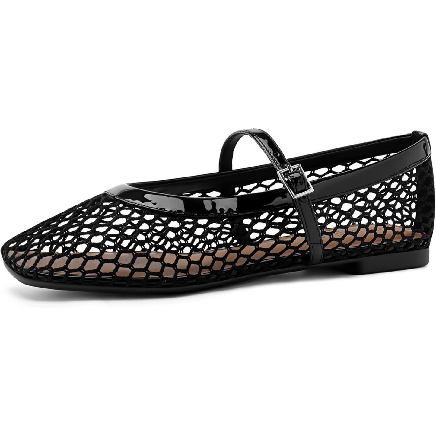 Women‘s Mesh Ballet Flats Comfortable Square Toe Ballerina Flats Buckle Strap Casual Fishnet Flat Shoes
