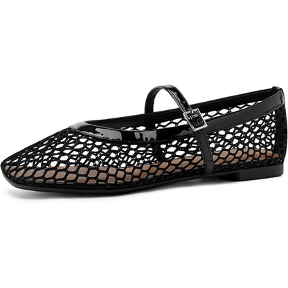 Women‘s Mesh Ballet Flats Comfortable Square Toe Ballerina Flats Buckle Strap Casual Fishnet Flat Shoes