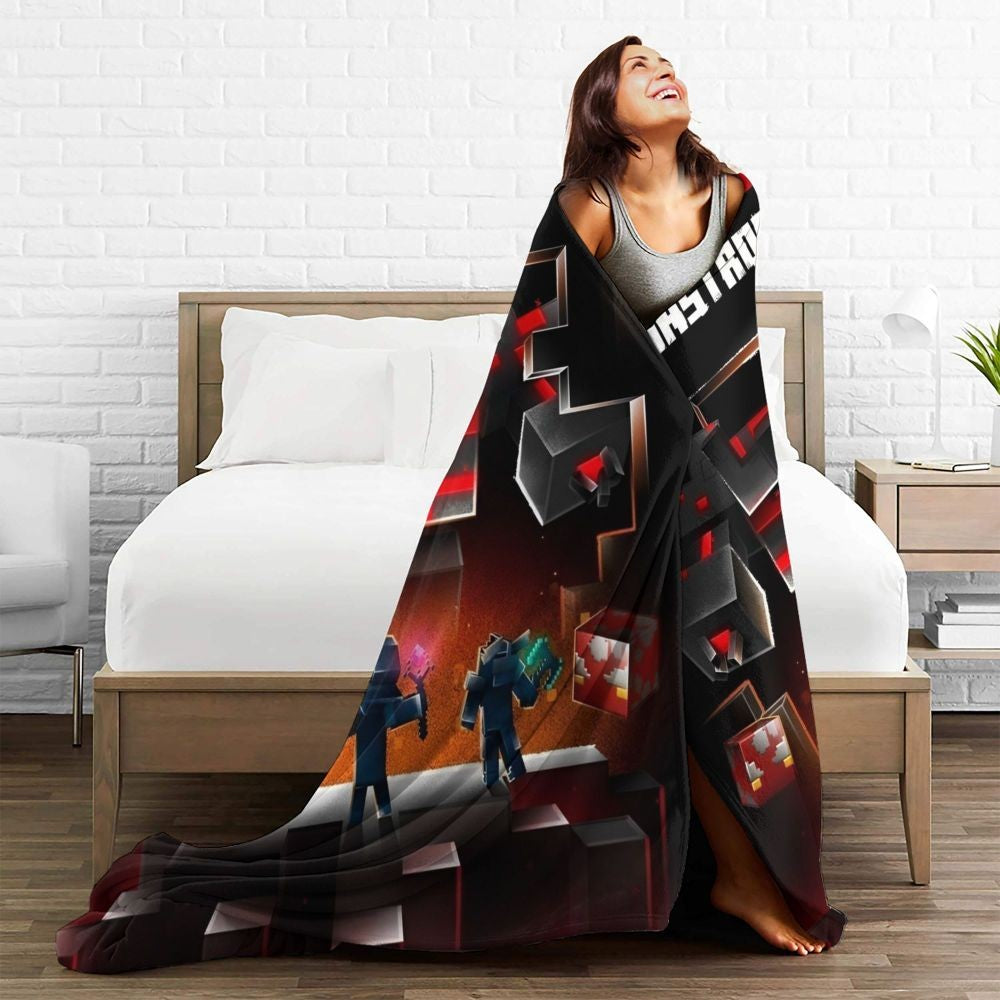 Cartoon Mines Pixel Game Crafts Flannel Blanket Super Warm Throw Blanket for Home Decor Decorative Street Trend Bedspread
