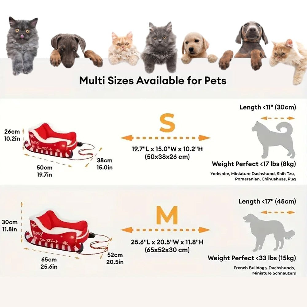 Cama Trenó de Natal Sofá Quente para Animais de Estimação de Pelúcia Removível e Lavável com Base Antiderrapante Ninho de Gato e Cachorro de Natal para Inverno Interno e Externo