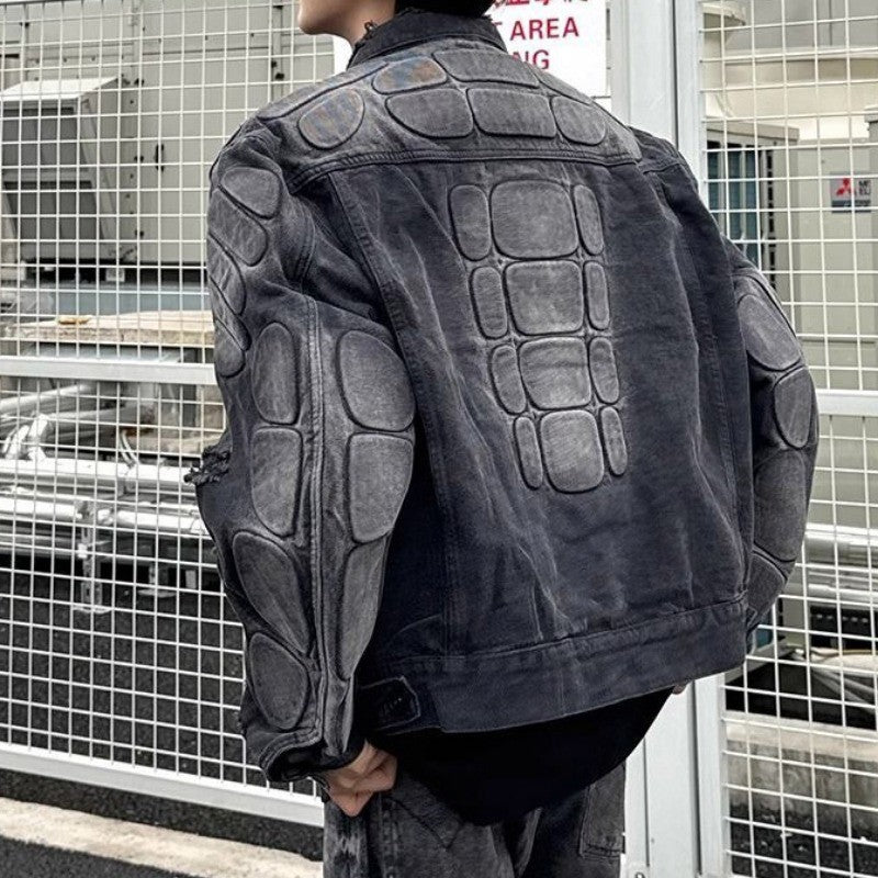 American Loose Hole Denim Jacket Men's Spring Broad Shoulder Rugged Handsome Coat Armor Design Motorcycle Jean Jacket Streetwear