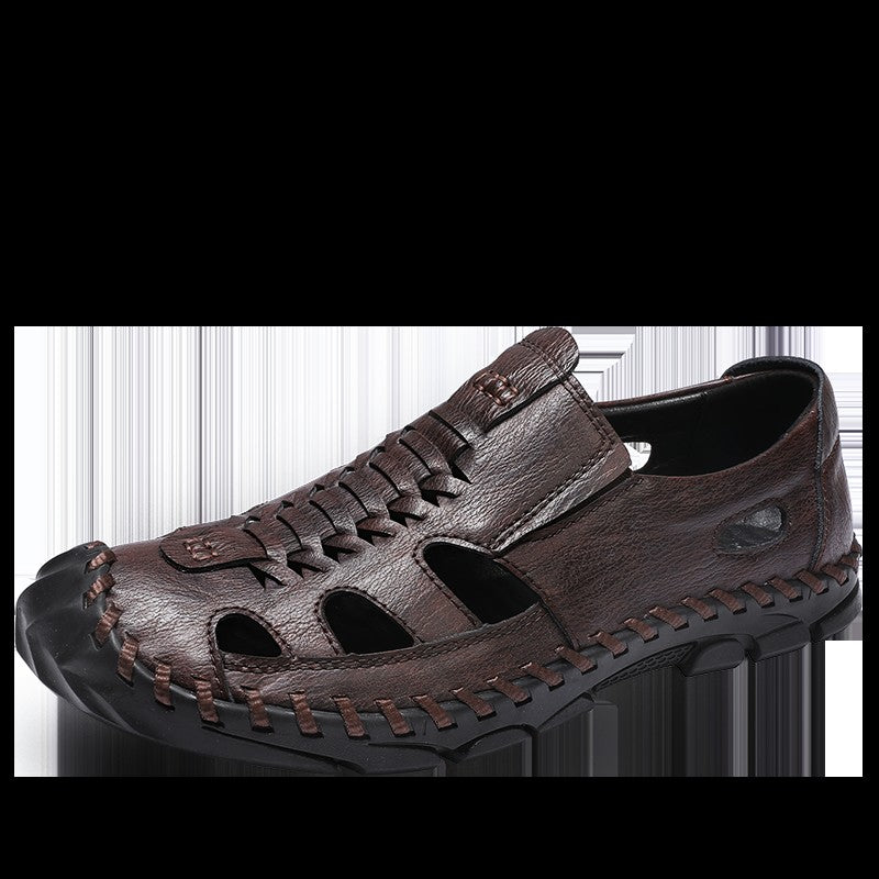 2025 New Men's Handmade Leather Sandals Flat Sandals Fashion Men's Suitable for Beach Vacation Summer Brown Non-slip Sandals