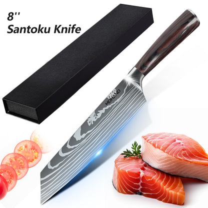 MDHAND Conjunto de Facas de Chef com Padrão de Damasco a Laser de 1 a 10 peças, Fatiador de Carne em Aço Inoxidável, Cutelo com Cabo de Madeira Antiderrapante, Coleção