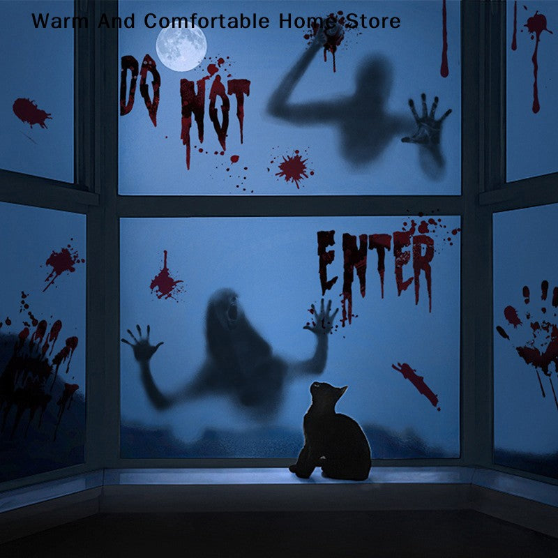 ?W?Halloween Stickers Horror Blood Hand Print Door Stickers Window Bathroom Shadow Glass Female Ghost Wall Decal Halloween Decor
