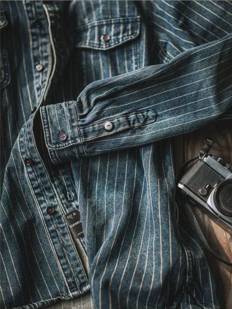 Amekaji Cargo Shirts Men's Vintage Vertical Stripe Denim Jackets Washed Distressed Pocket Trim Casual Coats Spring Autumn Shirts