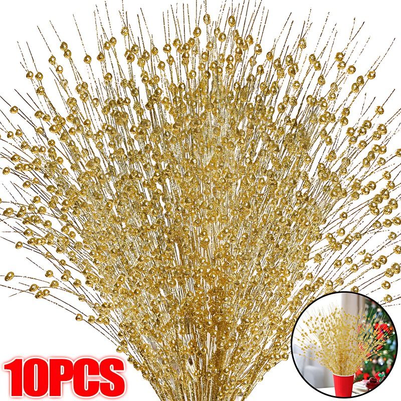 1-10pcs Gold Christmas Decorative Flash Artificial Berry Stem Decor for Christmas Tree DIY Wreath Fireplace Holiday Crafts Gifts