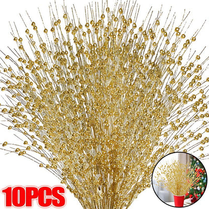 1-10pcs Gold Christmas Decorative Flash Artificial Berry Stem Decor for Christmas Tree DIY Wreath Fireplace Holiday Crafts Gifts