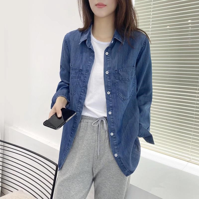 Autumn 2025 New Denim Shirts And Blouse For Women Korean Style Long Sleeve Top Blue Or Sky Blue Color Jeans Elegant Blouses