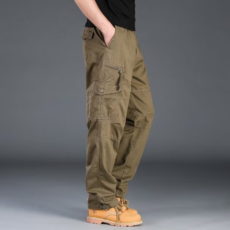 Calça Cargo Masculina de Moda Casual Esportiva com Muitos Bolsos Calça Masculina Solta Reta Elástica Calça Utilitária Versátil e Confortável